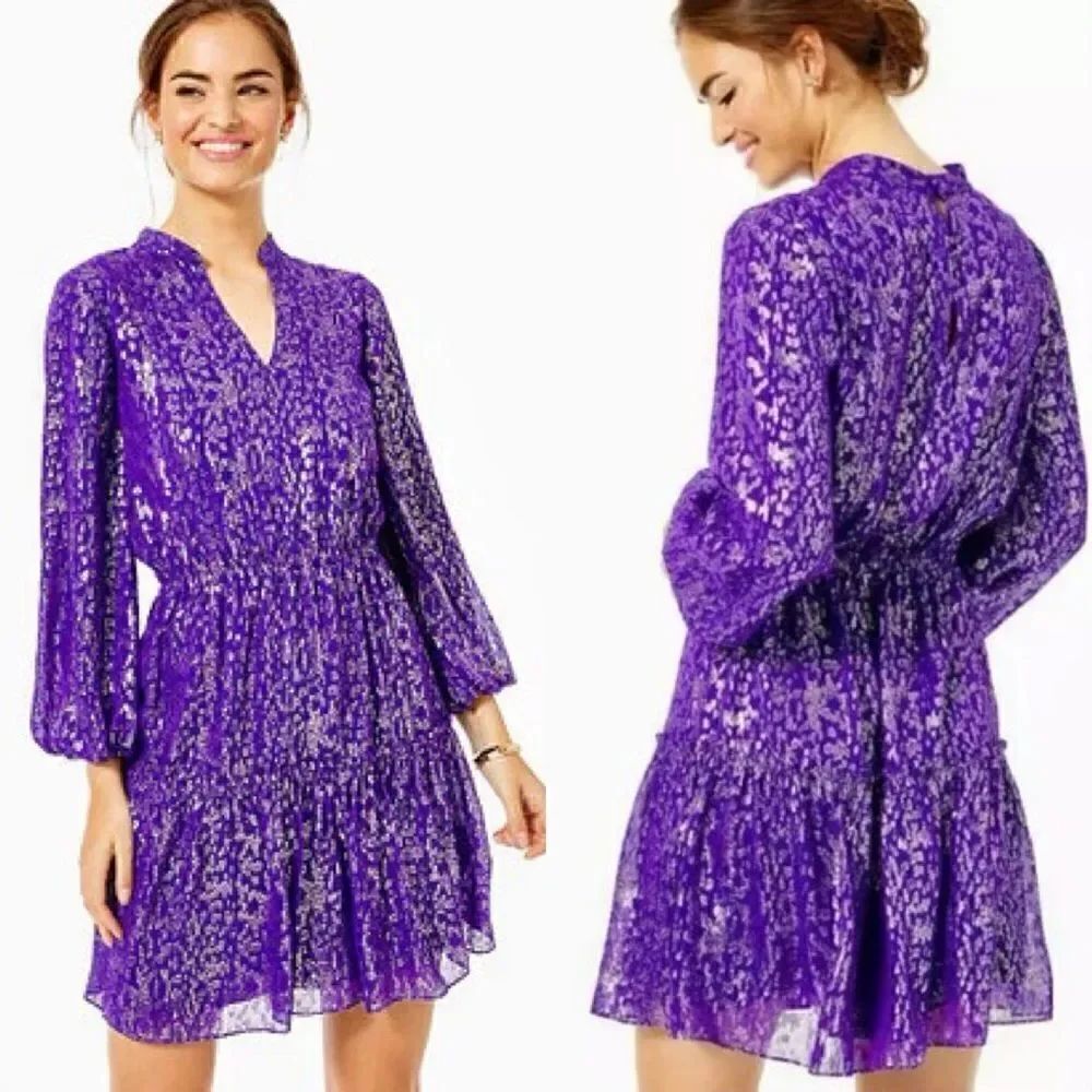 Lilly Pulitzer Joella Metallic Silk Dress Concord Purple Wildside Metallic Clip